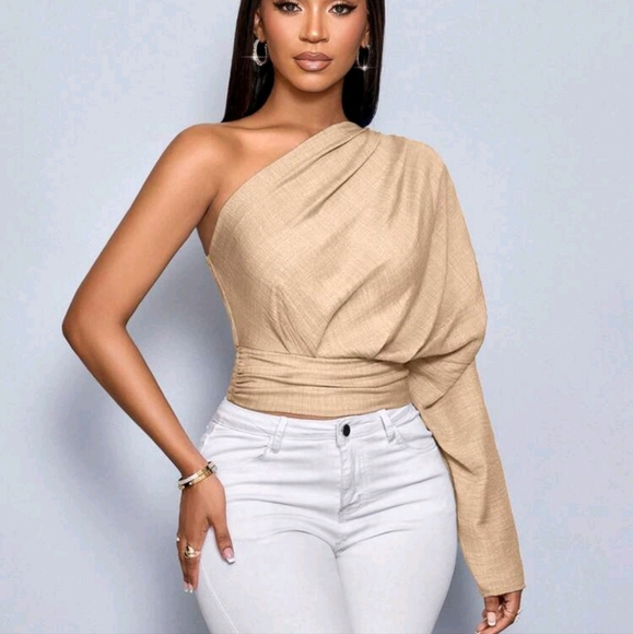 Women's Bule Color One Shoulder Pleated Long Sleeve Blouse,Solid Color - Picture 3 of 4